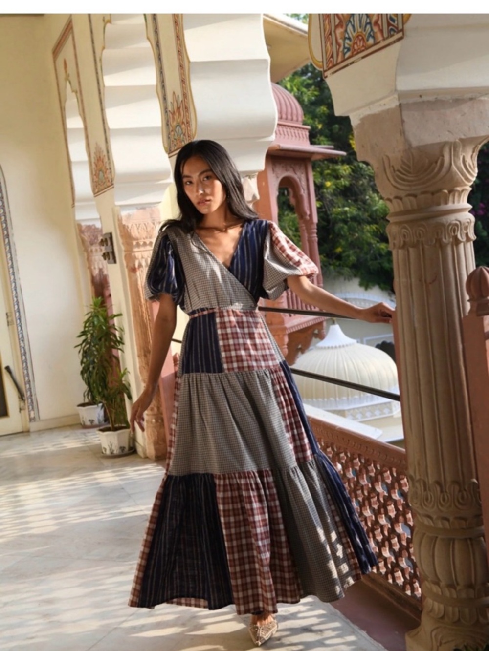 Daughters of India Poet Patchwork Maxi Dress in Navy & Burgundy